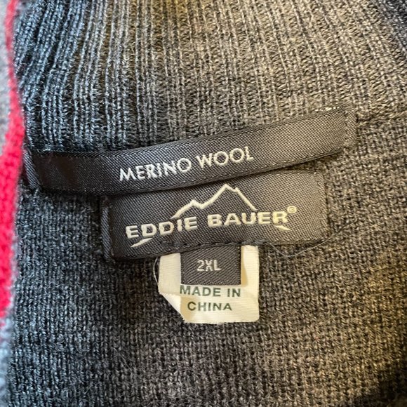 Eddie Bauer 100% Merino Sweater Gray/Red Full Zip Fair Isle Mock Neck Ski - Picture 4 of 13